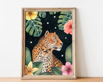Leopard Art Print: Tropical Jungle Floral Wall Decor