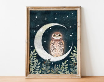 Night Owl Moon Art Print: Celestial Nursery Decor