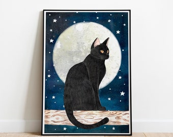 Cat in the moon art, Black cat painting, Kitten wall art, Cat themed gifts, Night cat art print, Starry sky artwork, Cats poster, Animal art