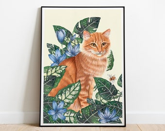 Ginger cat wall art, Tabby cat and plants, Kitten illustration, Animal poster, Orange cat artwork, Cats painting, Cat lover gift