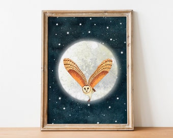 Barn Owl Art Print: Moon Painting, Celestial Wall Art