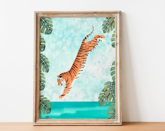 Tiger wall art print, Jungle illustration, Safari animal poster, Rainforest painting, Tropical artwork, Nursery prints, Kids wall decor