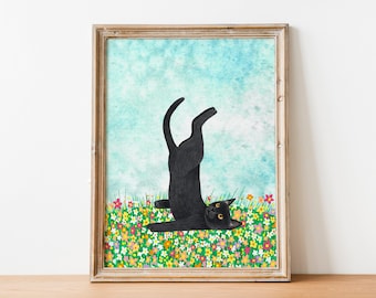 Yoga cat wall art, Black cat painting, Animal illustration, Kitten art print, Cat themed gifts, Funny artwork, Kids room decor