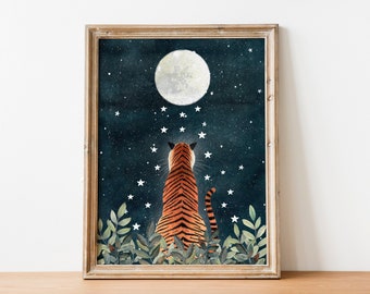 Tiger wall art, Night sky art print, Jungle illustration, Animal painting, Safari animals, Rainforest prints, Kids room decor, Baby wall art