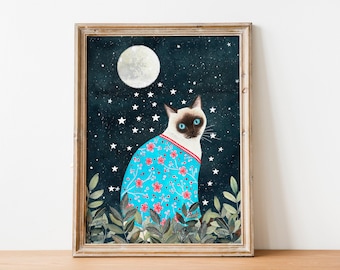 Siamese Cat Art Print: Japanese Kimono, Night Sky Poster