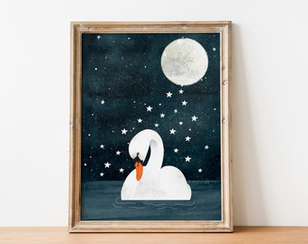 Swan wall art, Animal illustration, White swan print, Celestial painting, Moon and stars, Lake artwork, Kids room decor, Nursery prints