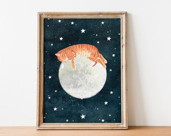 May include: A framed illustration of a ginger cat sleeping on a full moon in a dark blue night sky with white stars.