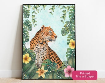 Jungle illustration, Leopard painting, Tropical wall art, Jungle animal prints, Animals art print, Leopards artwork, Floral wall decor