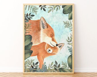 Fox Mom and Baby Art Print: Woodland Nursery Decor
