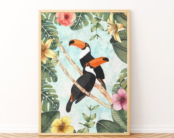 Toucan art print, Tropical wall art, Jungle illustration, Exotic bird painting, Animal poster, Toucans wall decor, Rainforest prints