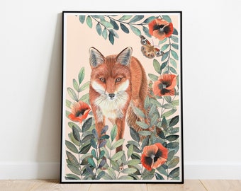 Fox nursery decor, Forest nature print for baby room decor, Nursery forest animals, Red fox nursery, Baby animal poster, Woodland animals