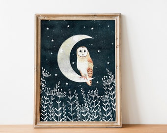 Barn owl art print, Animal wall art, Night sky painting, Owl lover gift, Bird illustration, Forest animal poster, Wildlife artwork