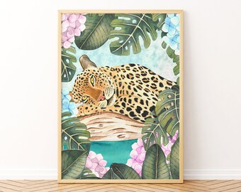 Leopard digital art, Jungle printables, Animal wall decor, Nature illustration, Safari animals, Tropical art print, Rainforest prints