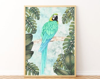 Parrot Art Print: Tropical Jungle Print, Exotic Bird Poster
