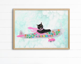 Black Cat Art Print: Whimsical Kitten Painting, Nursery Wall Decor