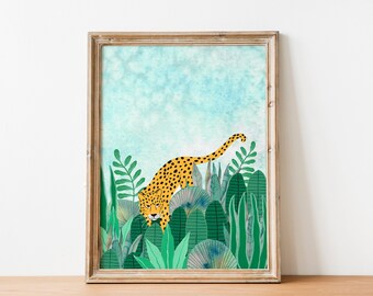 Leopard printable, Jungle printables, Safari digital art, Animal illustration, Rainforest print, Downloadable artwork, Kids room decor