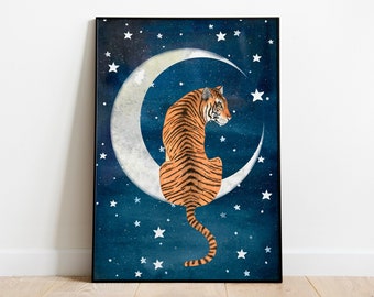 Arte stampabile tigre, stampa animale della giungla, opera d'arte del cielo stellato, poster digitale della tigre, pittura del cielo notturno, decorazione murale per bambini, arte scaricabile