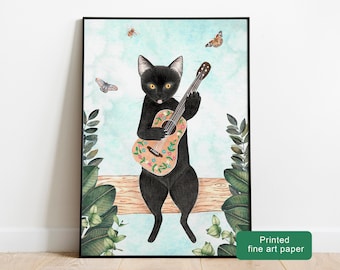 Black Cat Guitar Art Print: Kitten Painting, Pet Portrait, Cats lover