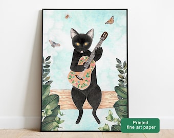 Black cat art print, Cat singing painting, Kitten illustration, Funny cat wall art, Cat themed gifts, Cat lover gift, Nursery artwork