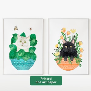 Cat print set of two, Plants and cat set of two painting, Cats poster, White cat painting, Black cat art, Kittens artwork, 2 piece wall art