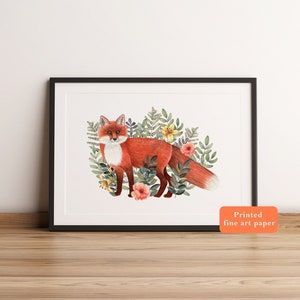 Illustrazione di volpe, decorazione per cameretta di volpe, decorazione murale di animali della foresta, dipinto del bosco, poster di volpi, stampe di cuccioli, opera d'arte botanica