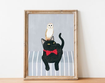 Svart katt och uggla konsttryck: Nyckfull djurillustration