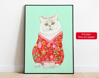 Japanische Katze Druck, Kimono Kätzchen Fine Art Papier, Tier Wand-Dekor