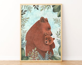 Bear mom art print, Nursery wall decor, Woodland painting, Forest animal poster, Animals illustration, Baby room, Bears artwork, Kids prints