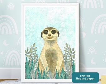 Meerkat illustration nursery decor, Meerkat art print baby room decor, Suricate wall art, Safari animal prints, Jungle artwork, Meerkat gift