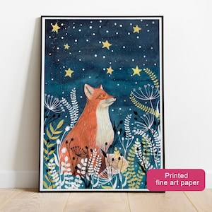 Fuchs Winter Bild, Wald Illustration, Wald Tiere Kunstdruck, Fuchs Poster, Nachthimmel Gemälde, Rotfuchs Poster, Geschenk für Füchse
