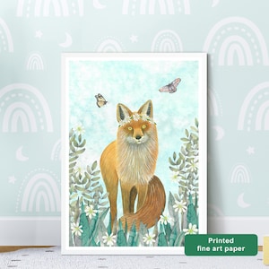 Illustrazione di volpe con fiori, stampa murale di animali della foresta, poster di volpi, corona di fiori di volpe, stampe per bambini, dipinto di volpe, animali del bosco
