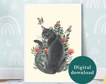 Cat printable wall art, Cat garden art for kids, Nursery printables, Cat illustration nursery decor, kitten wall art, Russian blue cat