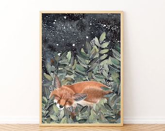 Fox nursery wall art, Fox sleeping print, Forest illustration, Animal painting, Woodland animals, Baby prints, Kids room decor, Foxes poster