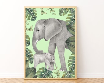 Elephant wall art, Jungle nursery decor, Mom and baby print, Safari animals, Animal illustration, Baby room, Rainforest prints, Kids poster