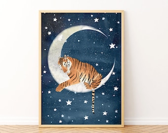 Sleeping Tiger Print: Night Sky Moon Art, Kids Room Decor