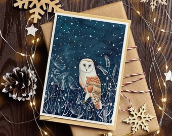 Pack de cartes de Noël, jeu de 12 cartes de vœux, animaux de la forêt, illustration d'animaux, gravures de la forêt, cartes de hibou, impression d'art hiver