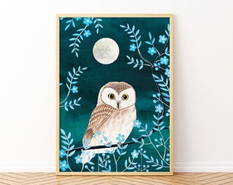 Moonlight Owl Art Print: Woodland Animal Painting, Whimsical art