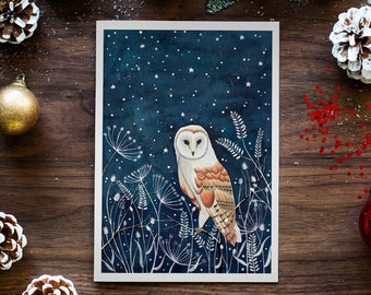 Christmas card set 5, owl greeting cards, Starry sky card, Barn owl art print, Night sky artwork, Forest illustration, Holiday card pack A6