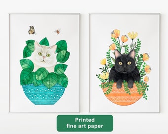 Cat print set of two, Plants and cat set of two painting, Cats poster, White cat painting, Black cat art, Kittens artwork, 2 piece wall art