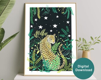 Arte stampabile con illustrazione leopardo, stampa digitale Jungle, download digitale di stampe animali Safari, pittura del cielo notturno, arte della parete del cielo stellato
