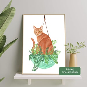 Ginger cat and plant wall art, Orange tabby cat art, Orange kitten painting, Ginger cat gifts, Cat boho wall art, Cat art for girl