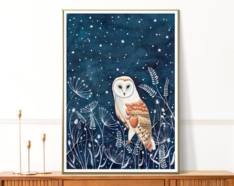 Barn owl art print, Winter illustration, Night sky painting, Owl poster, Forest animal wall art, Woodland animals prints, Owls lover gift