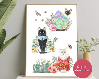 Whimsical kittens wall art download, Cat poster printable, Cat painting, Cats illustration digital download, Cat with flower art, Cat prints
