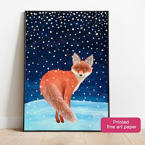 Stampa artistica di volpe invernale, illustrazione di neve, stampe di volpi per camerette, dipinto di volpe rossa, poster di animali della foresta, animali del bosco, opere d'arte di volpi