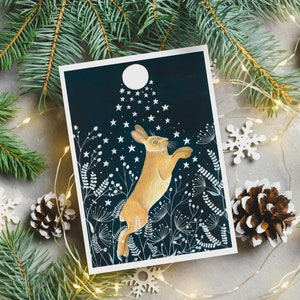 Christmas Cards Pack of 10, Set greeting card, Hare cards, Night sky painting, Fox illustration, Holiday card, Moon and stars artwork image 1