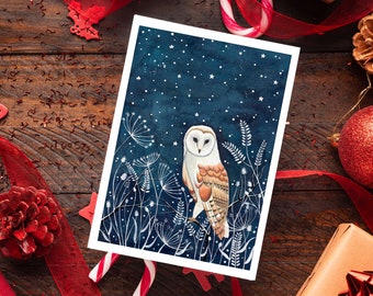 Christmas Card Pack, Set 12 holiday cards, Forest animals greeting cards, Winter illustration, Woodland art print, Fox artwork, Owl painting