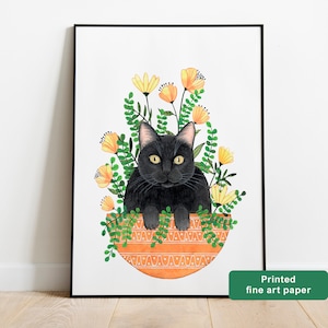 Cats and plants wall art, Boho cat print living room decor, Black cat painting, Flowers and cats art, Cat themed gifts, Kitten artwork