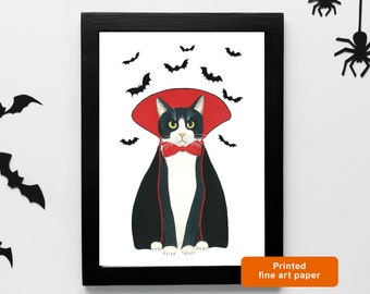吸血鬼タキシード猫のハロウィンプリント、猫とコウモリのアート