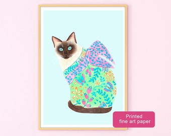 Japanese Cat Art Print, Floral Kitten Wall Decor