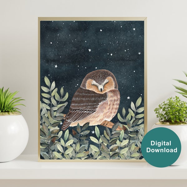 Owl sleeping digital print, Animal forest night prints, Owl illustration, Digital download woodland animals, Nursery printables